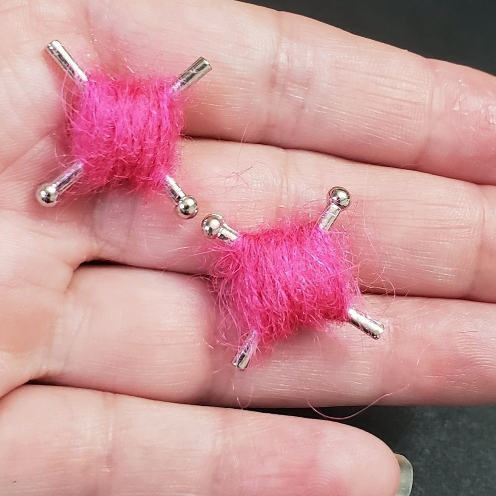 Silver tone knitting earrings yarn ball pink